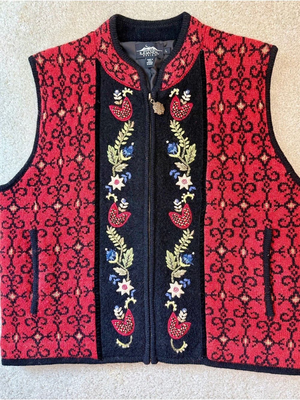 Icelandic Design Embroidered Wool Vest - Red & Black